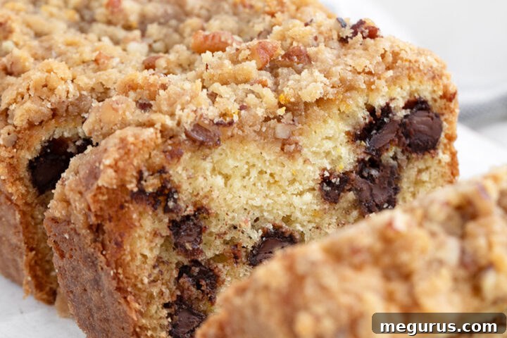 Delicious Orange Chocolate Chip Coffee Cake Loaf with Crunchy Pecan Crumb Topping, sliced.