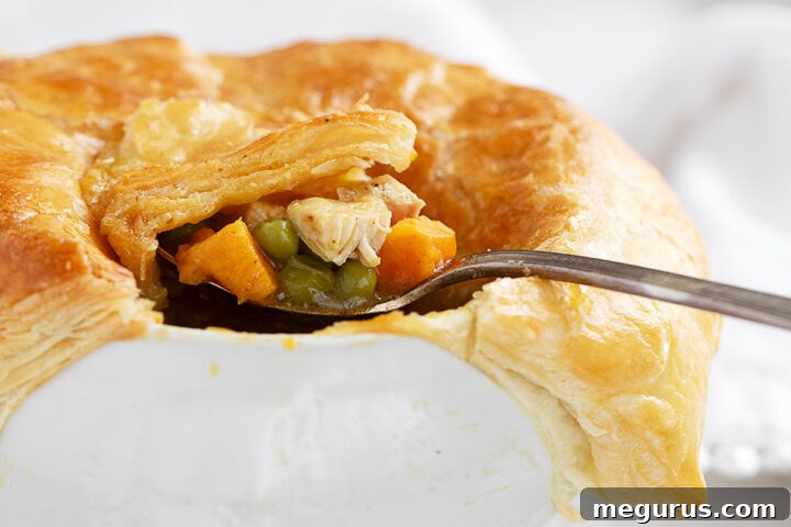 Curried chicken pot pie in baking dish with spoon, topped with flaky golden pastry.