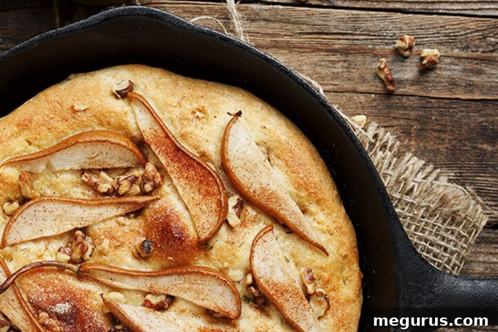 pear and walnut focaccia in cast iron skillet