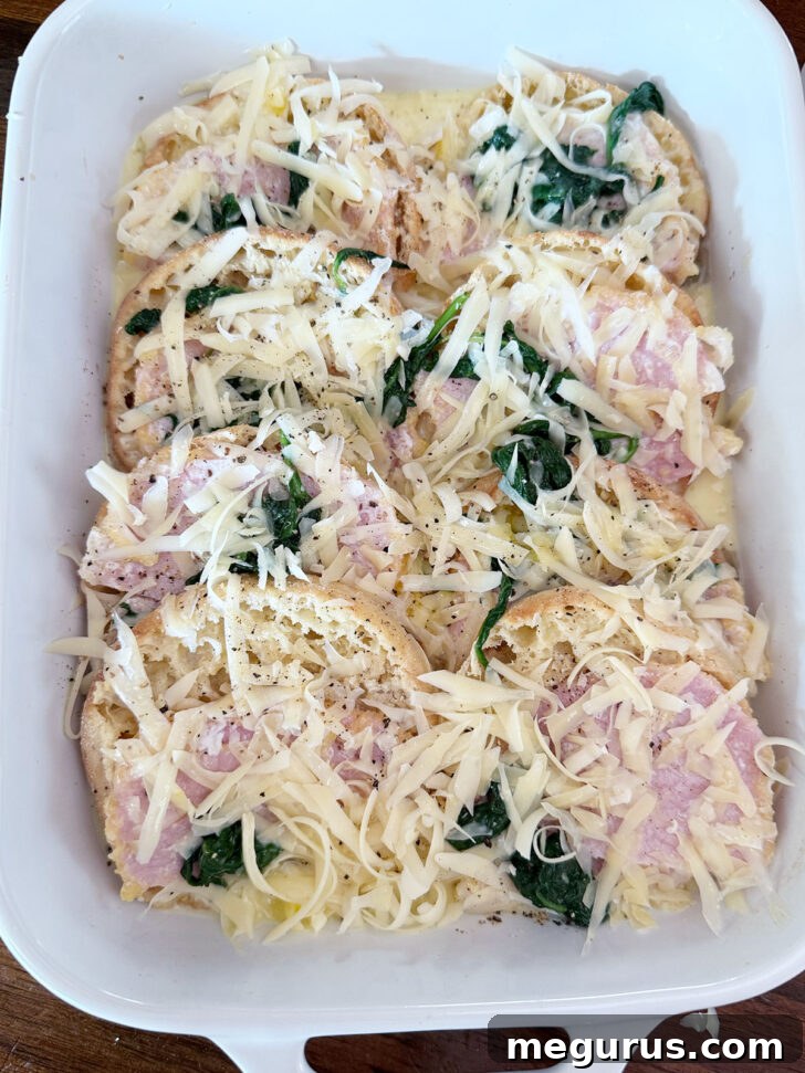 English muffin breakfast casserole ready for the oven.