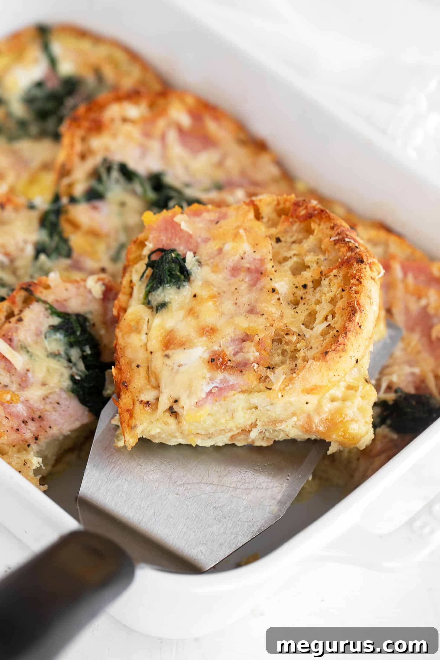 English muffin breakfast casserole in baking dish.