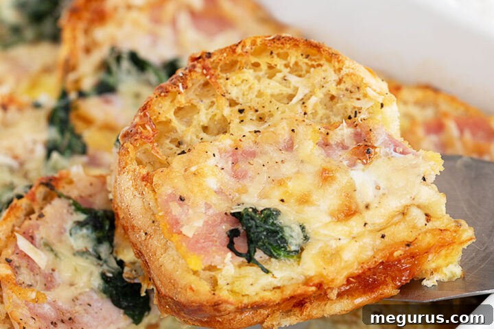 English muffin breakfast casserole in baking dish.