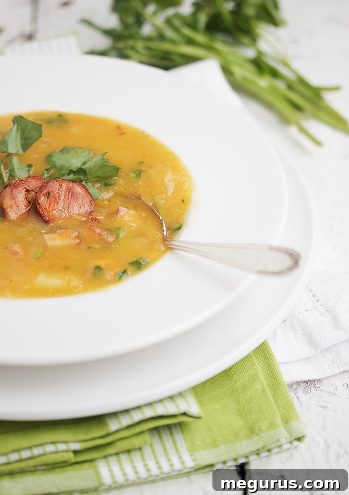 Close-up of a serving of Caldo Verde soup garnished with chorizo rounds and fresh watercress