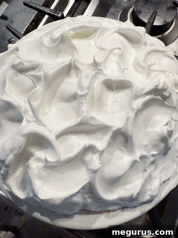 The rhubarb meringue pie topped with billowy, white meringue and swirled into peaks, prior to its final baking to achieve a golden finish.