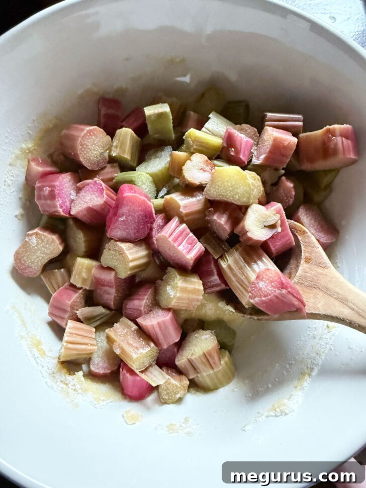 Chopped rhubarb pieces have been added to the thick custard mixture in a bowl, ready to be folded in.