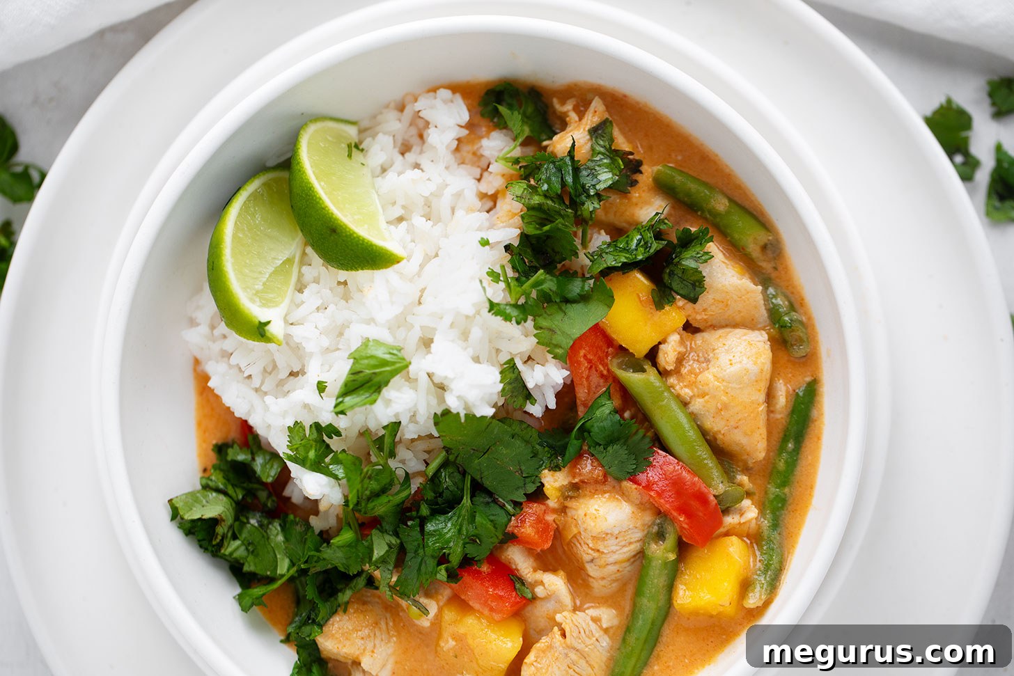 A vibrant bowl of Thai mango chicken curry served with fluffy white rice, ready to be enjoyed.