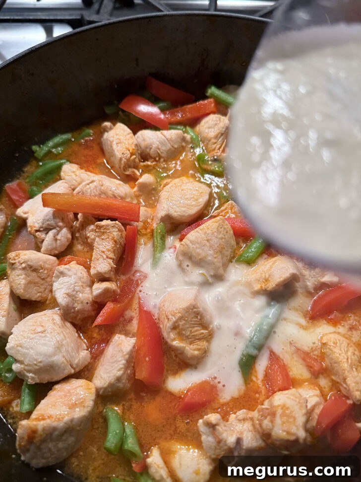 Pouring the creamy coconut milk and mango sauce into the skillet, thickening the curry to perfection.