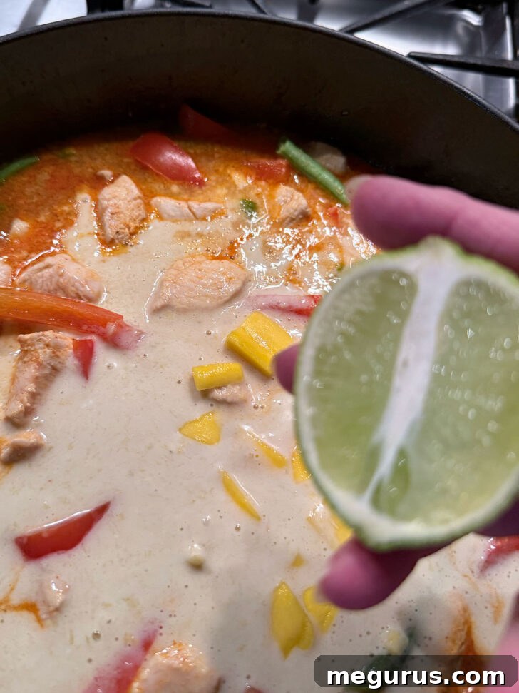 Squeezing fresh lime juice into the finished curry, adding a crucial bright, tangy finish to the rich flavors.