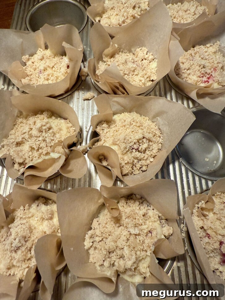 Crumb topping generously added to the raspberry lemon muffins before baking.
