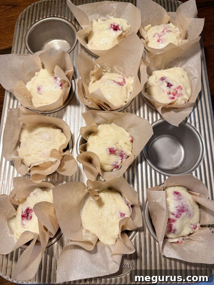 Muffin batter scooped evenly into prepared muffin cups.