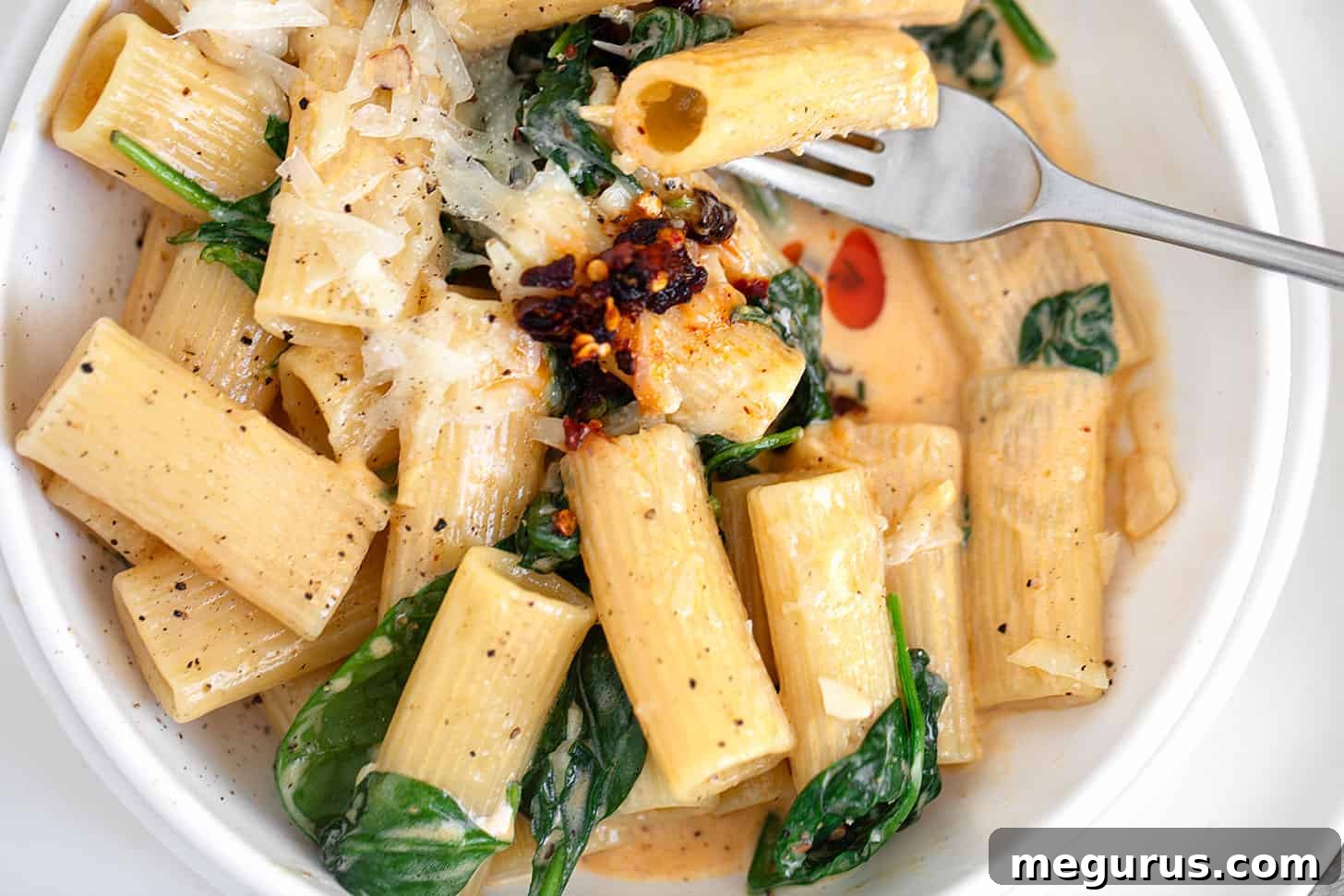 Chili crisp pasta in bowl with fork.