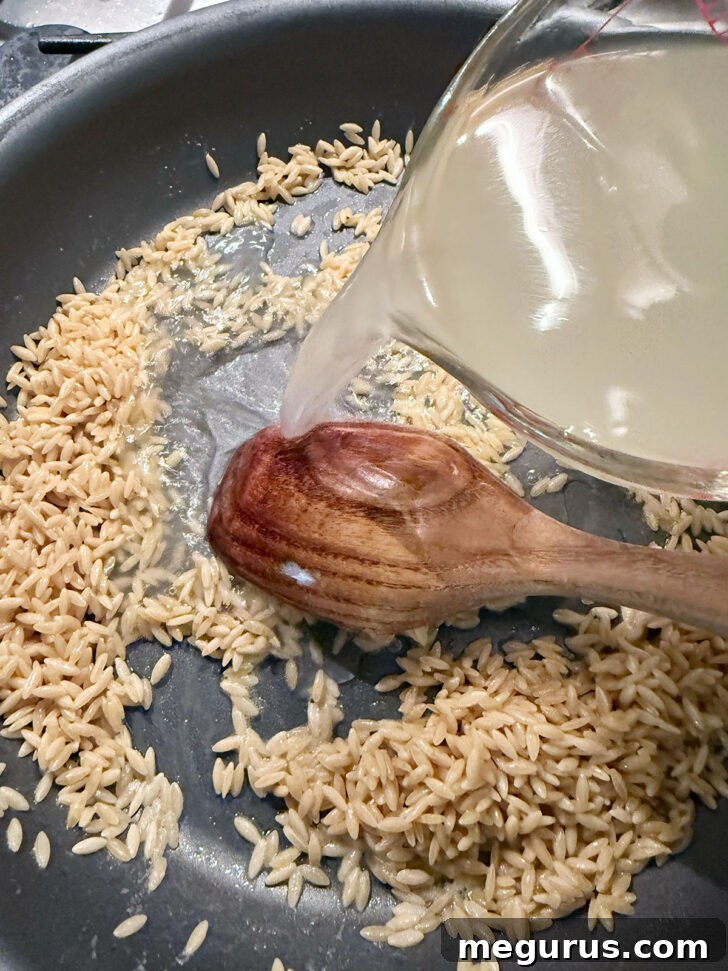 Adding chicken broth to the toasted orzo, ready to simmer.