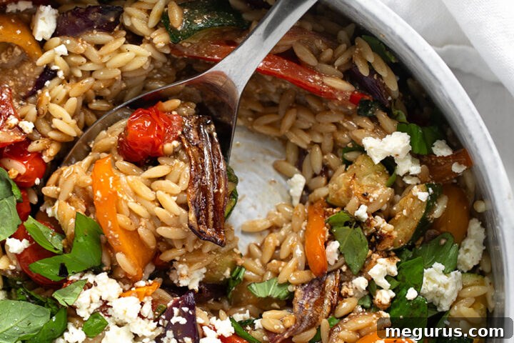 Roasted vegetable orzo in a serving bowl with a spoon.