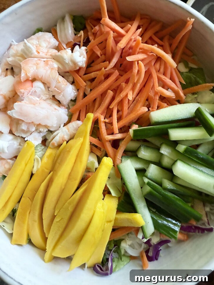 Arranging mango, cucumber, shrimp, and carrot in distinct sections on top of the cabbage layer.