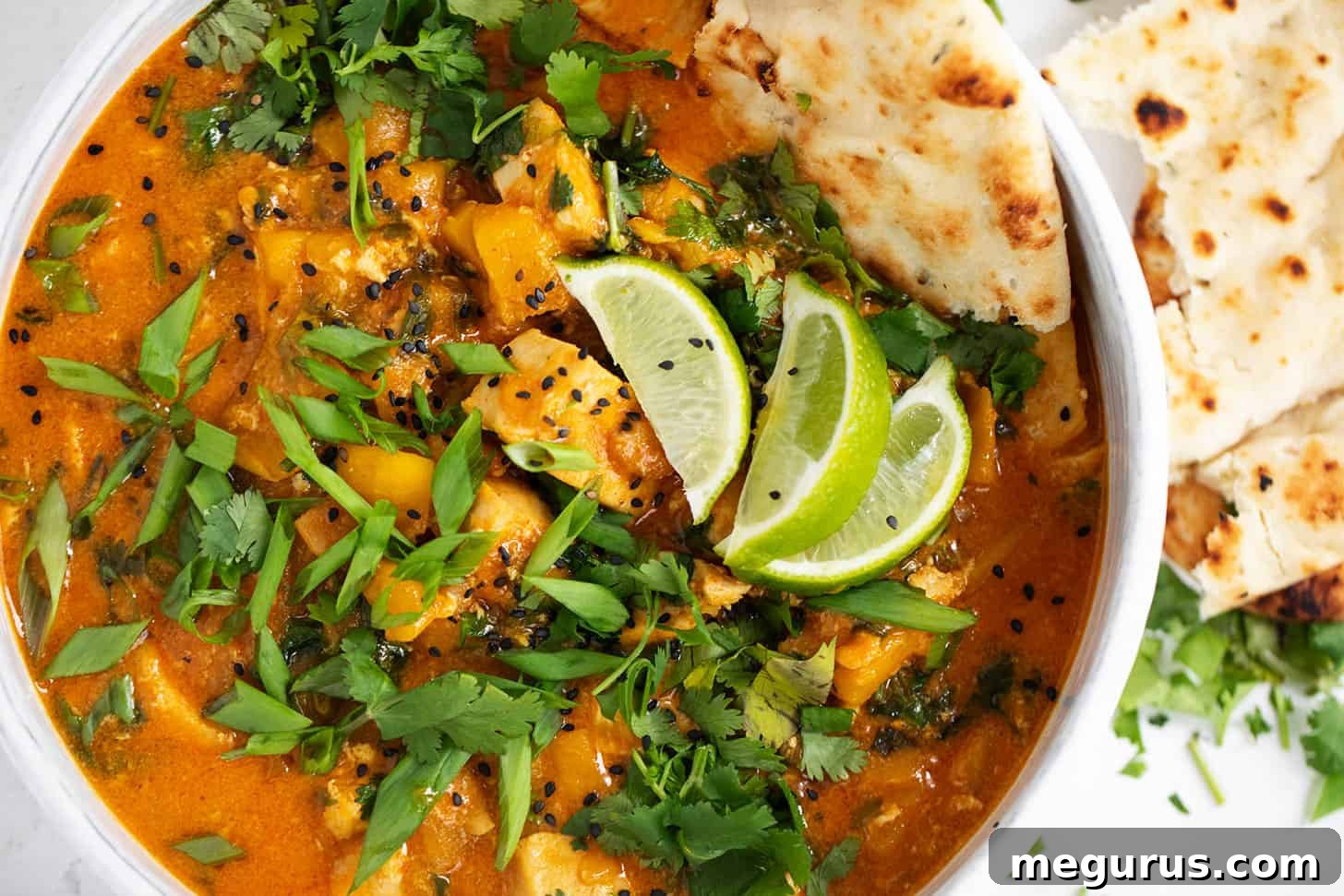 Chicken mango curry in serving bowl with naan bread.