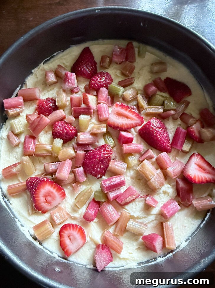 Half of the strawberry and rhubarb mixture scattered over the cake batter.