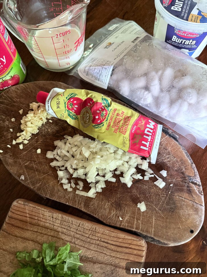 Ingredients for gnocchi burrata laid out on the counter, ready for cooking.