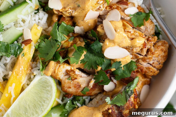 Mango chutney chicken bowl with mango rice salad.