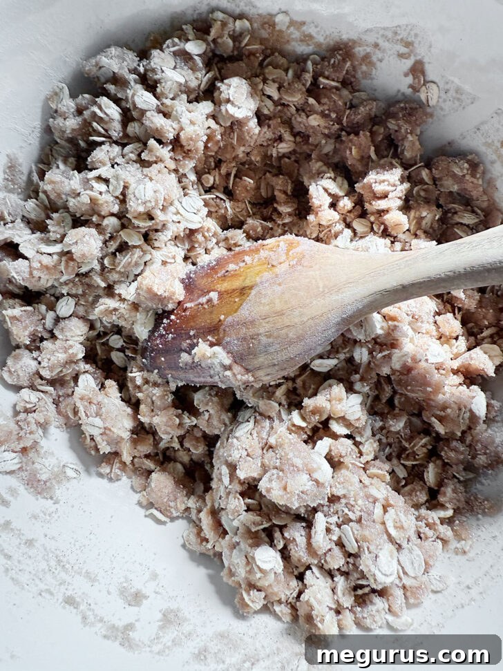 Stirring the crisp topping mixture with a spoon until evenly moistened.