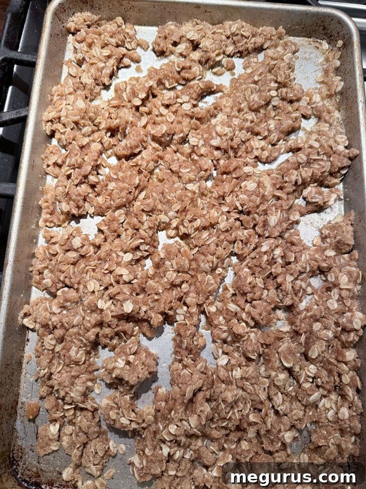 Baked crisp topping, golden and crumbly, in a bowl after being removed from the oven.
