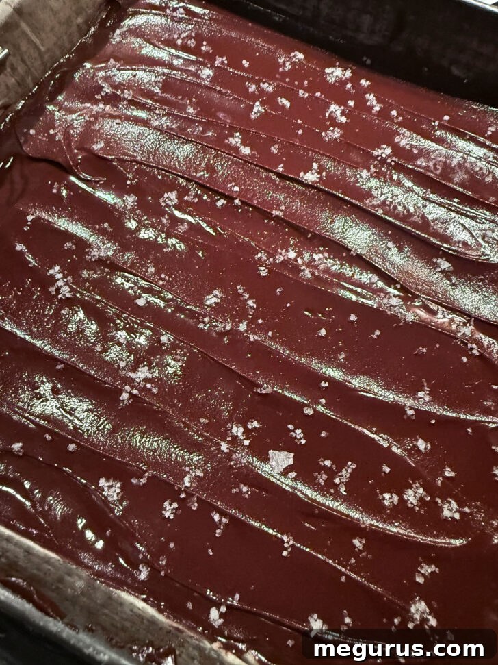 The finished Nanaimo bars in the baking pan, with all three layers set and a smooth, glossy chocolate topping, ready for chilling.