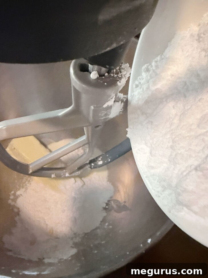 A mixing bowl filled with butter, Bird's custard powder, icing sugar, and heavy cream, ready to be beaten into the smooth, creamy filling.
