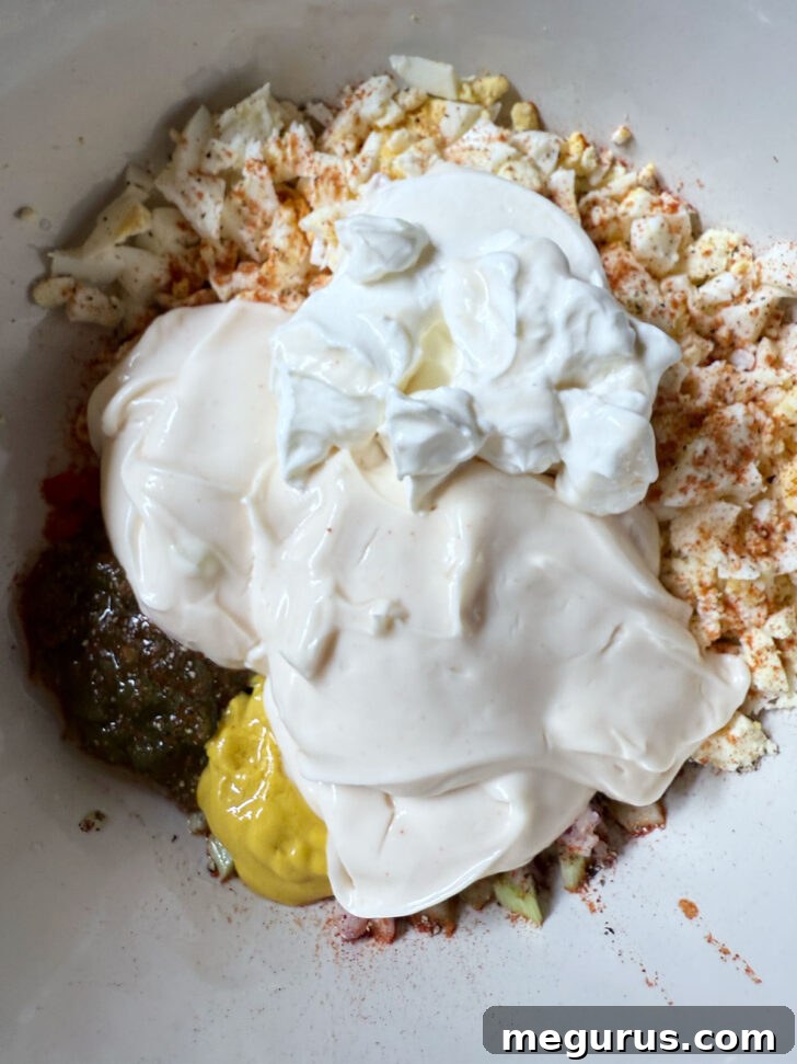 Sour cream and mayonnaise being added to the bowl with all other dressing ingredients.