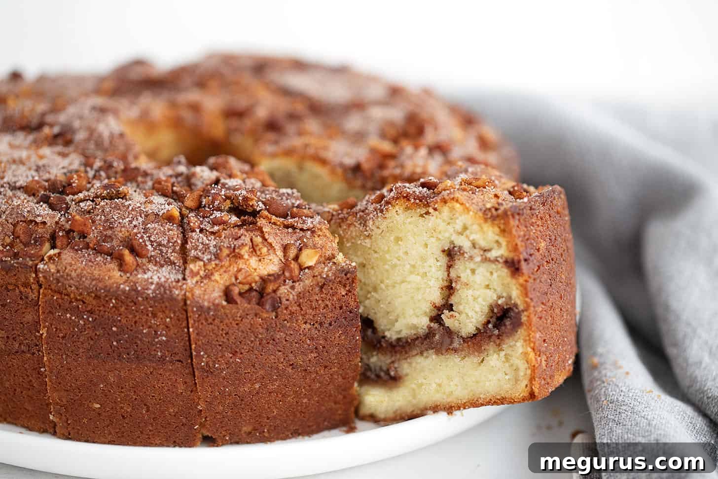 A slice of classic tube-pan sour cream coffee cake on a serving platter, showcasing its moist texture and cinnamon swirl.