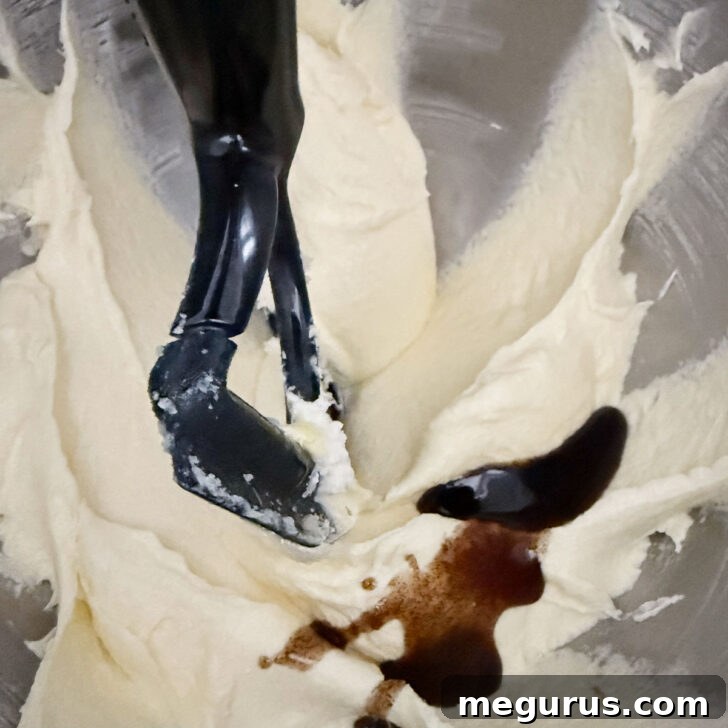 Adding vanilla to the creamed butter and sugar in the mixing bowl.