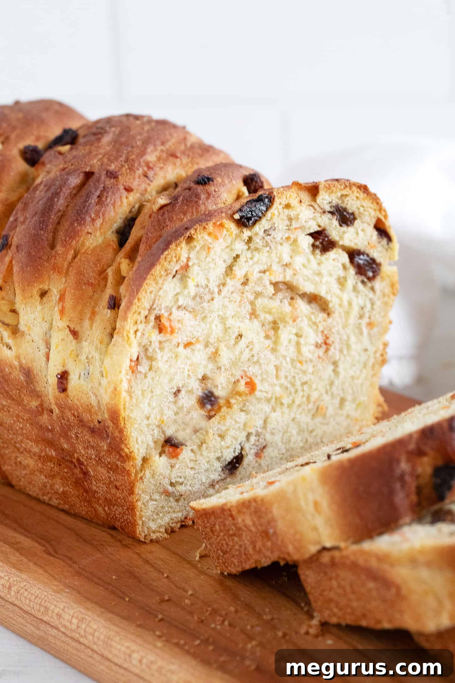 Another view of the delicious carrot raisin yeast bread, ready to be enjoyed.