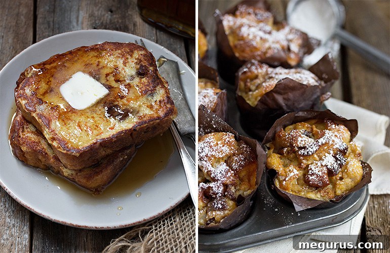Carrot Bread French Toast and Carrot Bread Pudding Muffins, showcasing delicious ways to use leftovers.