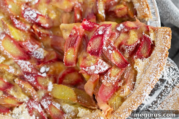 Rhubarb custard pie with a slice on a server.