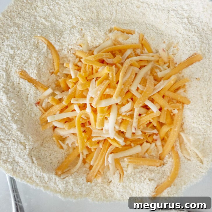 Shredded cheddar cheese added to the dry ingredients.