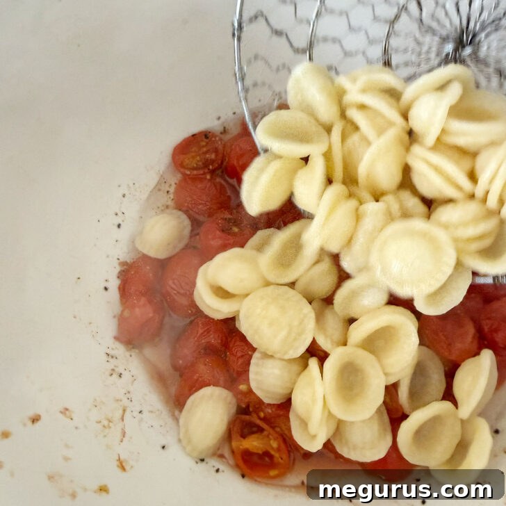 Orecchiette Pasta Salad with Crispy Halloumi and Lemon Dressing 6 Cooked orecchiette being added to roasted tomato mixture.
